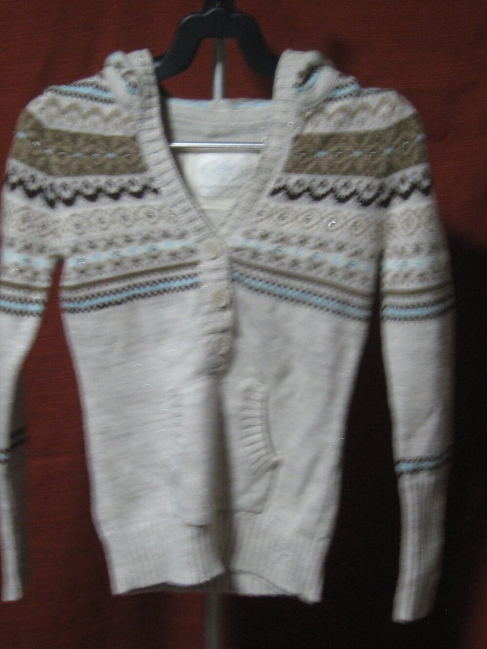 Justice Girls Fair Isle Hooded Cardigan Sweater Shimmer Knit Cream Size 10